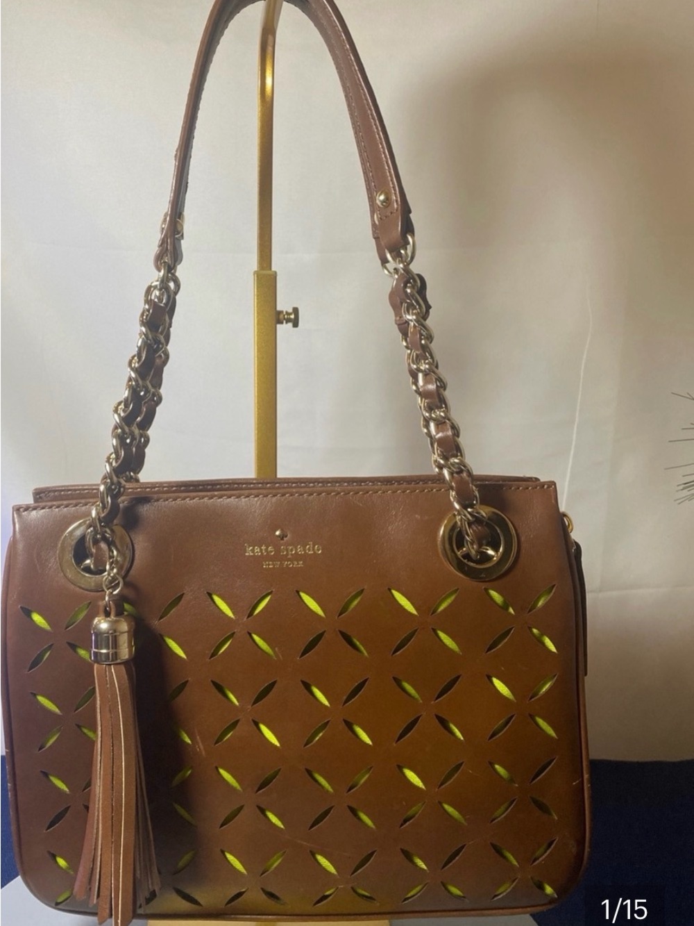 kate spade Brown Leather Shoulder Bag with Tassel and Chain Strap